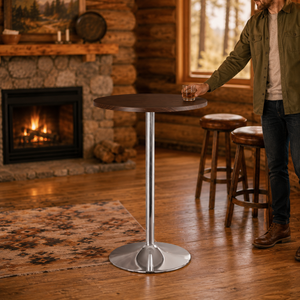 Table de bistrot, café ou bar moderne en gros avec plateau rond en placage de noyer et piétement trompette chromé - Product Image 1