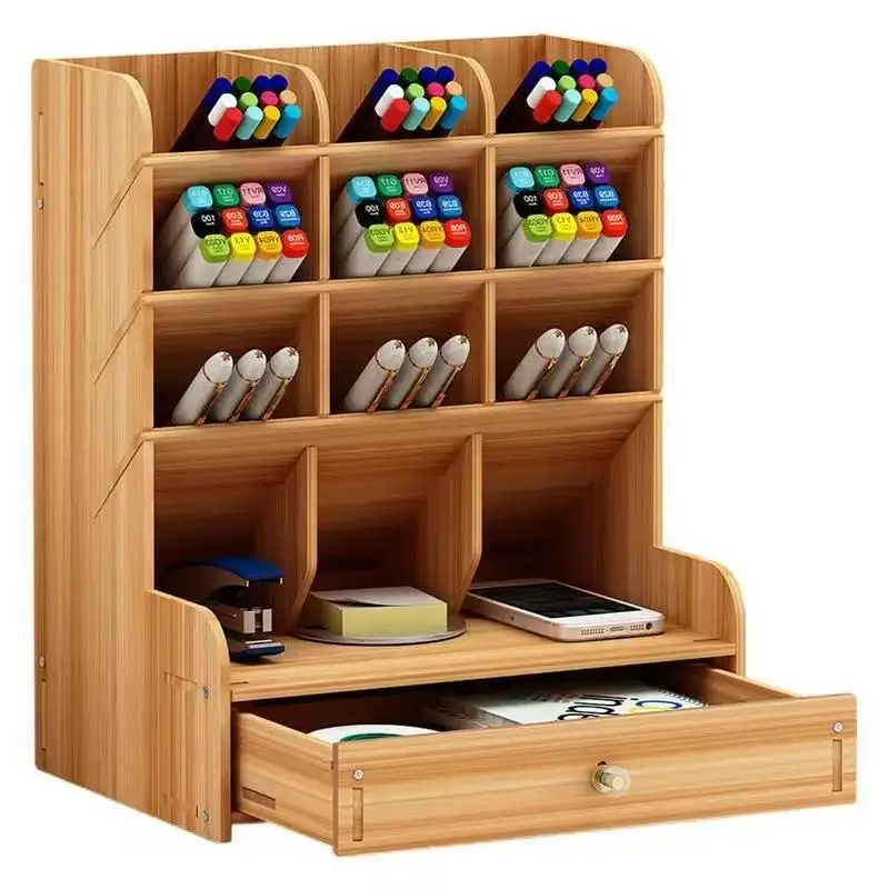 Factory Wholesale Solid Wood Storage Decorative Organizer Box Bamboo Wooden Desk Pen Pencil Holder With Drawer