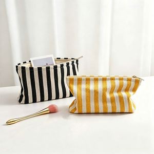 Striped Canvas Cosmetic Bag Portable Women Hand Held Makeup Pouch Zipper Closure for <b>Lipstick</b> Cosmetics Travel Storage - Product Image 1