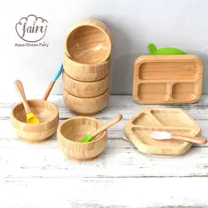 Customized Eco Wood Dinnerware feeding non slip plate Wooden Bamboo kids Bowl tableware set for baby
