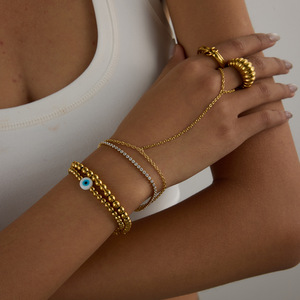 <span class=keywords><strong>Bracelet</strong></span> de main réglable <span class=keywords><strong>avec</strong></span> anneau, motif Œil de l'Évil, perles dorées, élastique, chaîne tennis, pierres de zircon - Product Image 2