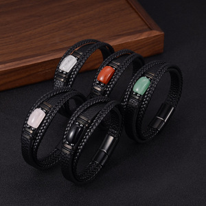 One Man Multi Layer Leather Bracelet Stainless Steel <b>Magnetic</b> <b>Clasp</b> Retro Men's Jewelry Tiger Eye Stone Bracelet - Product Image 2