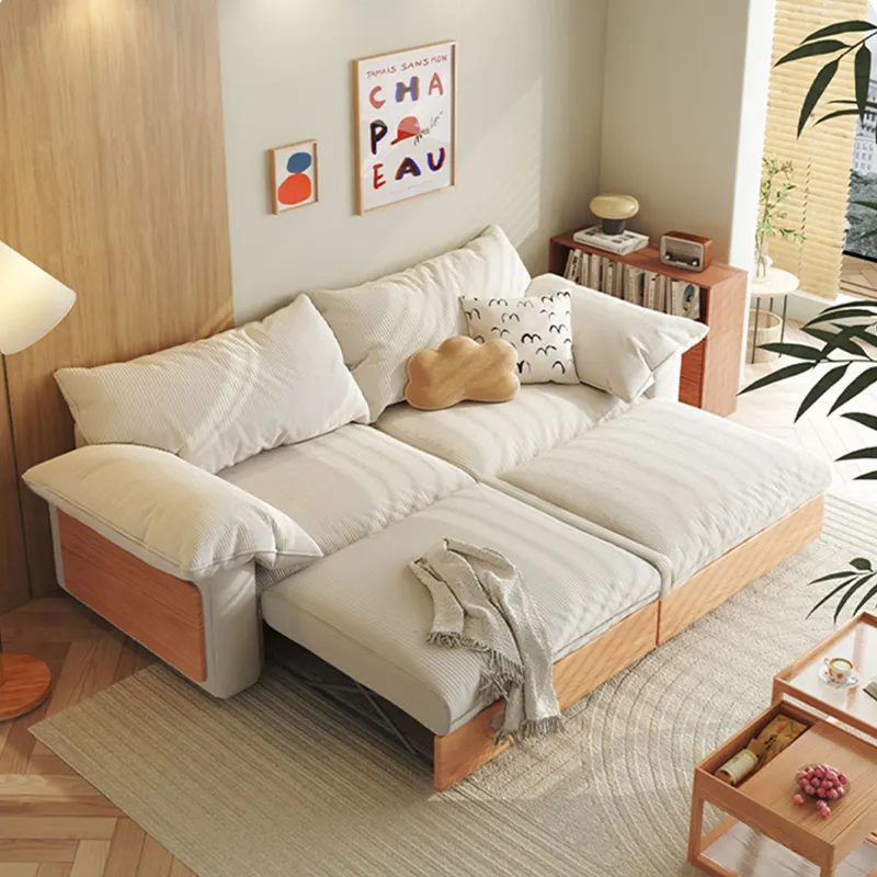 Solid wood sofa bed Japanese folding log cream wind small household living room elephant ears toffee sofa