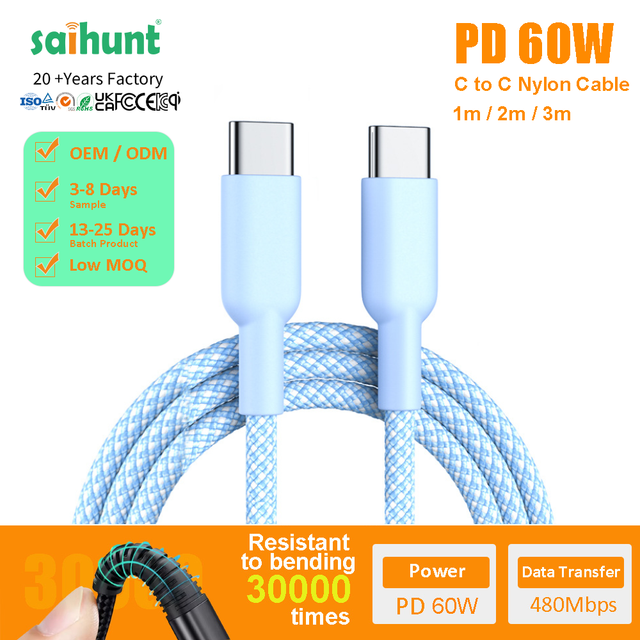 PD 60W USB-C to USB-C Fast Charging Cable Nylon Braided 480Mbps Data Sync for iPhone 18 17 16 15 Samsung Laptop