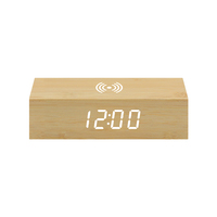 Jam Alarm persegi panjang Hotel Modern, jam Digital Led meja ponsel pengisian daya nirkabel jam Digital bambu
