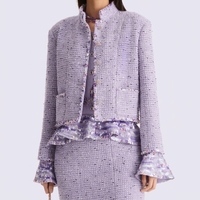 Ensemble coordonné élégant 2026 en tweed lavande à sequins, éco-responsable, coupe ajustée, veste courte et mini-jupe, deux pièces, personnalisable OEM/ODM
