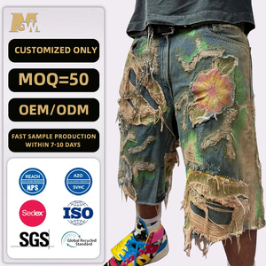 Shorts <span class=keywords><strong>en</strong></span> <span class=keywords><strong>jean</strong></span> baggy Y2K surdimensionnés, style streetwear, déchirés, délavés, avec franges, personnalisés, coupe mi-haute, décontractés, hip-hop - Product Image 1
