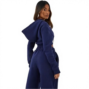 Ensemble décontracté pour femme, haut court en tricot bleu marine à manches longues, pantalon ample taille haute, couleur unie, toutes saisons - Product Image 1