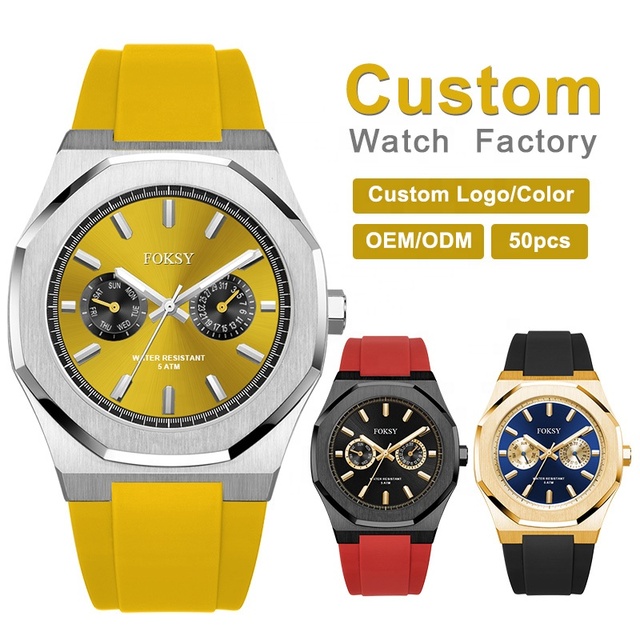 Factory OEM/ODM Brand Custom Logo Japan Quartz Chronograph Watch Yellow Silicone Strap Men Watches