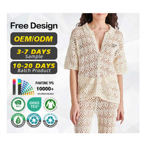 GRS Certification Sweater Manufacturer Custom logo <b>Women</b> Cotton <b>Short</b> <b>Sleeve</b> Summer Knitwear Hollow Out Crochet <b>Cardigan</b> Sweater - Product Image 1