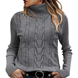 Suéter de cuello alto de punto trenzado para mujer, jersey de manga larga acanalado, ropa de punto informal de invierno al por mayor - Product Image 1