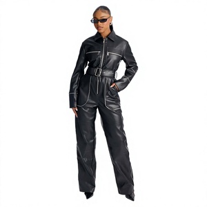 Wholesale Black Contrast Stitch Functional Pockets Cargo Faux Leather <b>Jumpsuit</b> with Belt - Product Image 1