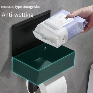 Porte-papier toilette rectangulaire mural avec distributeur de lingettes, rangement moderne et minimaliste pour salle de bain, plastique noir - Product Image 4