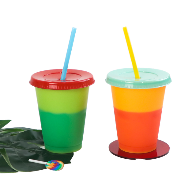 Kailiou Customize 16OZ Colored Plastic Reusable Cups Customize Logo Cold Water Color Changing Cup with Lids and Straws