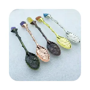Brass Tea Spoon Healing mineral rough Energy Copper quartz Carved Long Handle Coffee Stirring Spoons wholesale