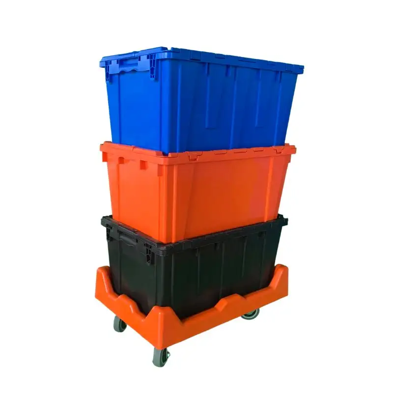 Stackable Square Plastic Tote Box/ Plastic Storage Container/ Plastic Moving Crate with Dolly