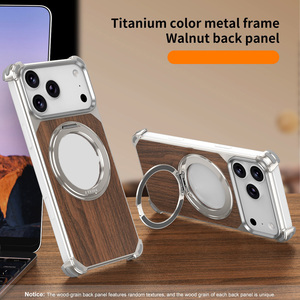 Étui de téléphone portable en bois de noyer gaufré avec support magnétique rotatif antichute pour iPhone 16 Pro, 17 Pro Max, 15 Pro - Product Image 1