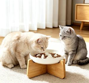 Luxury Ceramic Elevated <b>Cat</b> Bowl with Bamboo Stand Slow <b>Feeder</b> Pet Food Water Feeding Bowl - Product Image 1