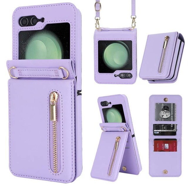 Shockproof Luxury Bracket Leather Wallet Crossbody Phone Case for Samsung Galaxy Z Flip 5 Bag Strap with Card Holder