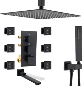 Rubinetti termostatici neri 4 vie corpo in ottone sistema doccia a getto da 16 pollici palmare a soffitto Set da bagno termostatico - Product Image 1