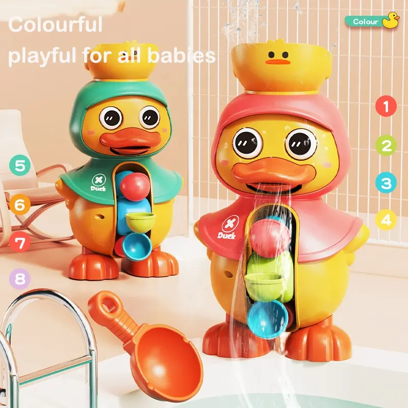 New Arrive Water Bath Toys Yellow Duck Rotating Waterwheel Bathroom Funny Toys With Water Spoon For Toddles Toys