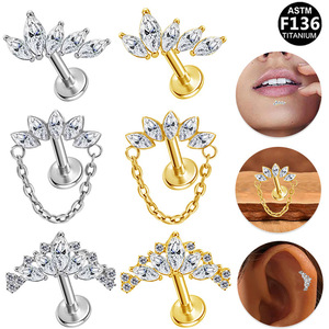 Piercing en titane en forme de fleur pour lèvre et cartilage d'oreille, en alliage G23, serti de cristaux, pour la mode et les soirées - Product Image 1