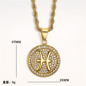 Mode 12 <span class=keywords><strong>astrologie</strong></span> <span class=keywords><strong>complet</strong></span> cristal rond disque 18k plaqué or en acier inoxydable signe zodiaque pendentif collier pour hommes - Product Image 5