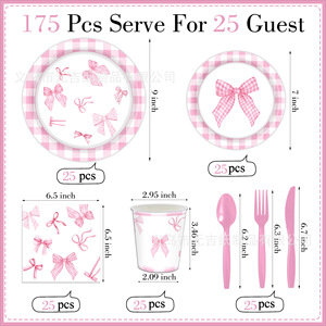 Pink Bow Themed Party Tableware Set Paper Cups Napkins <b>Disposable</b> <b>Plates</b> Party Supplies Kit - Product Image 2
