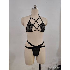 Ensemble de body en dentelle noire pour femmes, lingerie sexy, trois pièces, transparent, style européen, string, soutien-gorge avec bretelles - Product Image 4
