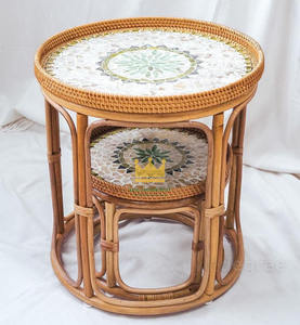 Table basse ronde en rotin durable avec incrustation de coquillages et dessus en nacre, tables d'appoint gigognes pour la décoration intérieure moderne - Product Image 6