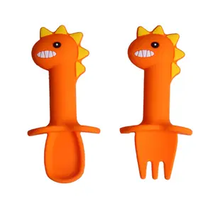 Safe Cute Dinosaur shape silicone baby training Feeding spoon and fork set for Child Toddler