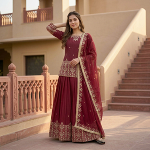 Ensemble Anarkali brodé bordeaux avec dupatta en tulle – Tenue traditionnelle indienne pour mariage et festivals - Product Image 1
