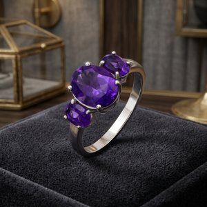 Anillo de Compromiso y Boda Gourik Clásico, Chapado en Rodio, Plata de Ley 925, Corte Ovalado, Amatista Púrpura Natural, Tres Piedras, para Mujer - Product Image 3