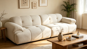 Sofá Cama Minimalista de Tela Crema con Respaldo Acolchado y Brazos Enrollados, Sofá de Tres Plazas para Sala de Estar - Product Image 2