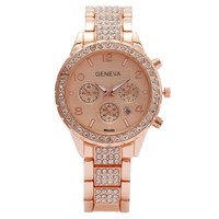 Jam Tangan Wanita Quartz Kalender Tiga Mata Enam Jarum Berhias Berlian Modis dengan Casing Akrilik Ramah Lingkungan Terlaris