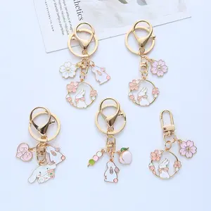 Wholesale Custom Fashion Cute Animal Metal Enamel Key Ring Key Chain Keyring Holder Bow Tie Pink Flower Cat Rabbit Keychain