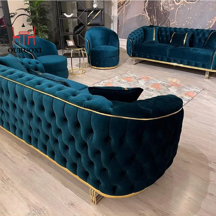 Luxury american sofa set furniture living room sofas button couch brown classic vintage top velvet chesterfield sofa
