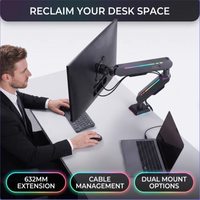 Support de moniteur de jeu avec lumière RGB, pince de bureau ergonomique, rotation à 360 degrés, hauteur réglable pour écran PC de 17 à 32 pouces