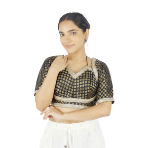 Traditional Black <b>Gold</b> Embroidered 100% Silk Brocade Woven Short Sleeve Button Front Crop Top for Women's Wedding Party - Product Image 1