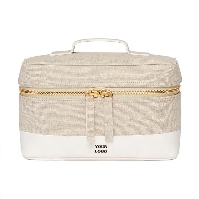 Neceser de piel sintética para mujer, bolsa de aseo portátil, organizador de brochas de maquillaje, color blanco