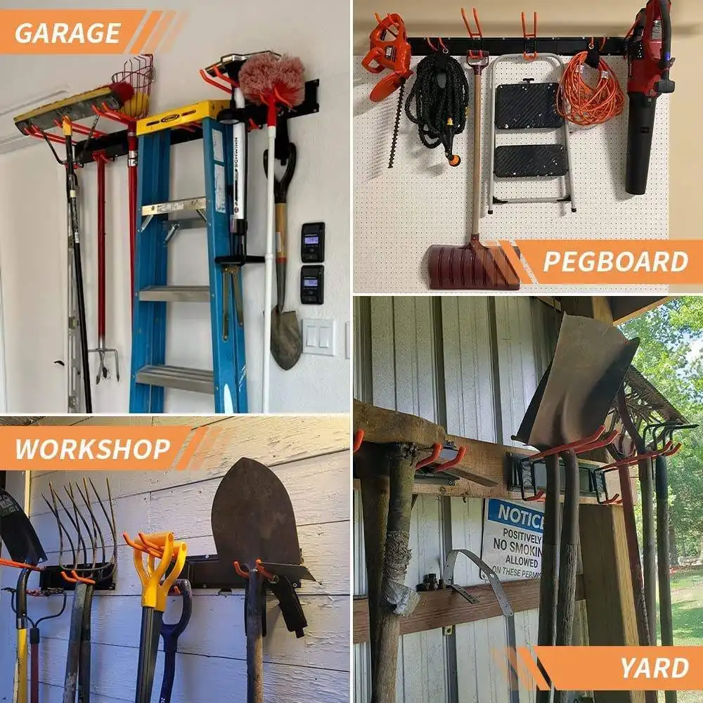 JH-Mech 48 pouces 3 rails de rangement d'outils de pelouse avec 6 crochets en acier robuste organisateur d'outils de garage mural