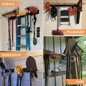 JH-Mech 48 Inch 3 Rails Lawn Tool Armazenamento Com 6pcs Heavy Duty Steel Hooks Wall Mounted Garage Tool Organizer