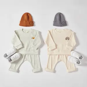 ins European and American infant's outfit spring and autumn boy baby waffle Sun rainbow embroidery foreign trade children's wear