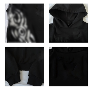 Vente en gros de sweat à capuche streetwear boxy court noir uni en molleton bouclette de coton épais avec impression en relief pour hommes - Product Image 3
