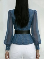 Chemisier en jean pour femme à manches bouffantes en résille, col montant, devant croisé, ceinture à la taille, style peplum, pour soirée et mode, vente en gros