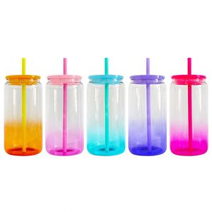 Us Warehouse Sublimation 16Oz Gradient Color <b>Clear</b> Beer Ombre <b>Jelly</b> Glass Can Cups With Plastic Lid for Uv Dtf Wrap - Product Image 1