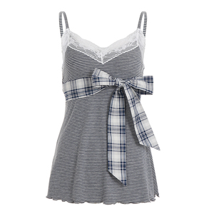 Camisole en tricot respirante douce et féminine avec détail en nœud - Haut sans manches à rayures avec bordure en dentelle - Product Image 5