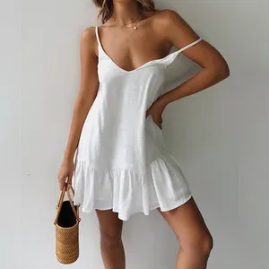 Спагетти ремень платья с открытыми плечами для женщин летнее платье 2020 белое Цельнокройное платье для девочек с юбкой-сеточкой, гофрированное, сексуальное открытое платье без рукавов мини-платье из хлопка и льна
