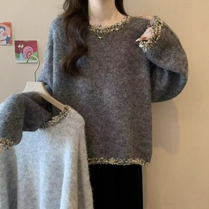 Pullover da <span class=keywords><strong>Donna</strong></span> Casual a Tinta Unita Maglione Lavorato a <span class=keywords><strong>Maglia</strong></span> Grigio con Paillettes Lussuoso Stile Francese Invernale 6119# - Product Image 5