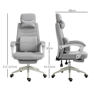 Vinsetto Silla de Oficina Ergonómica, Silla de Escritorio con Ruedas, Cojín Lumbar, Reposacabezas Extraíble y Reposapiés, Gris 62x68x117-127cm - Product Image 3